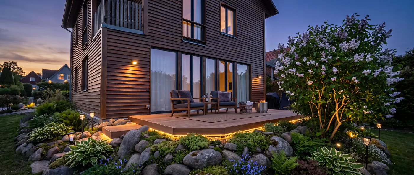 Holzterrasse mit umlaufender LED-Beleuchtung und Lounge-Möbeln vor einem Holzhaus in der Abenddämmerung