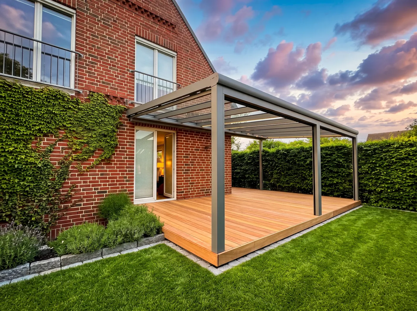 Terrassenüberdachung aus Aluminium und Glas über einer Holzterrasse an einem Backsteinhaus